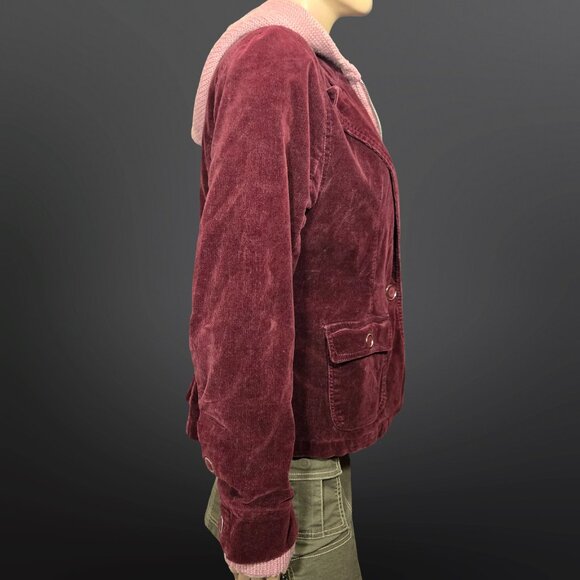 Y2K Lady Dutch Fitted Jacket Coat Size L Burgundy Corduroy Pink Knit Hooded - Picture 13 of 16